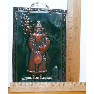 Hanging Ceramic Tile Santa Claus w/Tree Green Terracotta Embossed Christmas Art